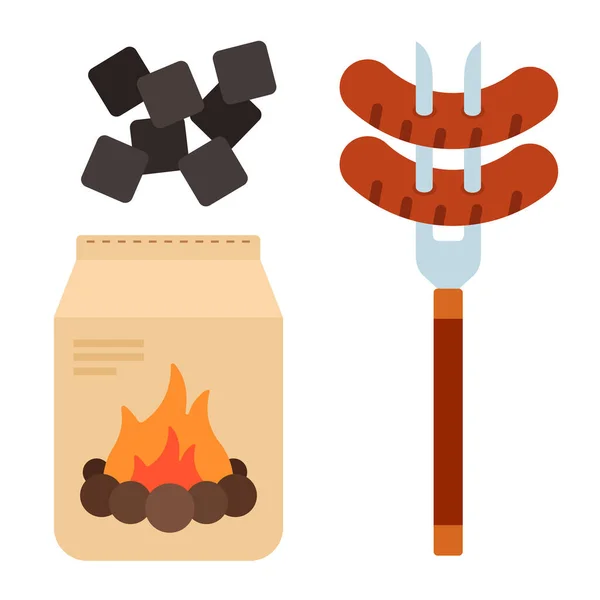 Embutidos en un tenedor de carne con carbón vegetal en el paquete aislado — Vector de stock
