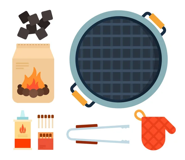 Set of ignition and utensils for barbecue flat isolated — Stock Vector