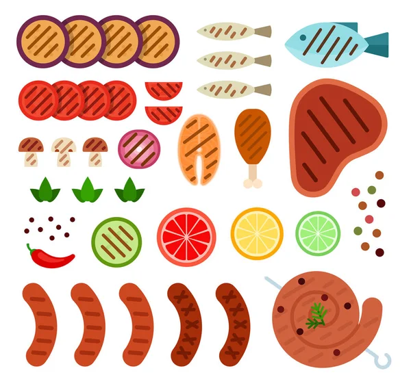 Set of vegetables pieces, fish, sausages, steak on a grill flat isolated — Stock Vector