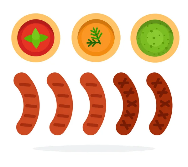 Gegrilde worsten op een rij. Tomaat, mosterd en pesto saus vector plat geïsoleerd — Stockvector