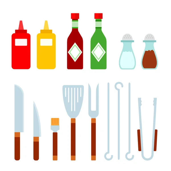 Molhos e especiarias para churrasco e churrasco ferramentas planas isoladas —  Vetores de Stock