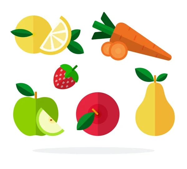 Zitrone, Karotte, Erdbeere, grüner Apfel, roter Apfel, Birne flach isoliert — Stockvektor