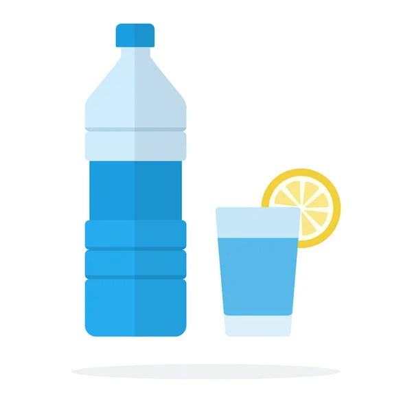 Bouteille avec de l'eau et un verre avec de l'eau et citron plat isolé — Image vectorielle