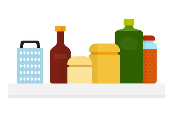 厨房的罐子，一瓶油，一个磨碎机，一瓶酱油放在一个隔离的架子上 — 图库矢量图片
