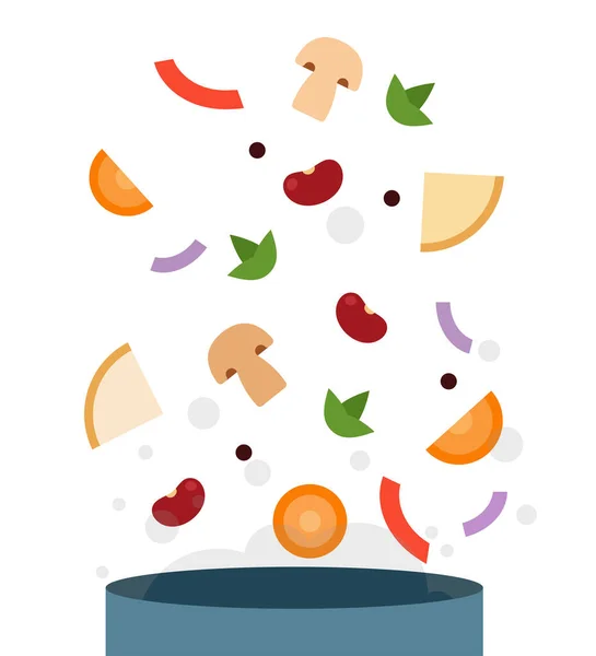 Légumes tranchés pour soupe volante au-dessus de pots plats isolés — Image vectorielle