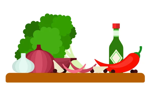 Broccoli, aglio, salsa, cipolla e peperoncino su una tavola di legno vettore piatto isolato — Vettoriale Stock