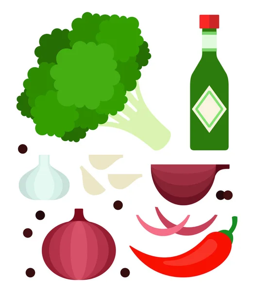 Brokkoli, Knoblauch, Salsa-Sauce, Zwiebeln und Chili flach isoliert — Stockvektor