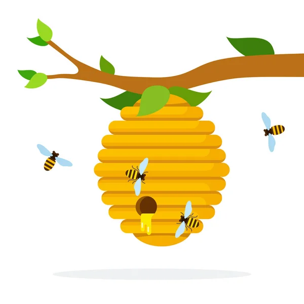 Ruche de miel avec des abeilles suspendues sur une branche appartement isolé — Image vectorielle