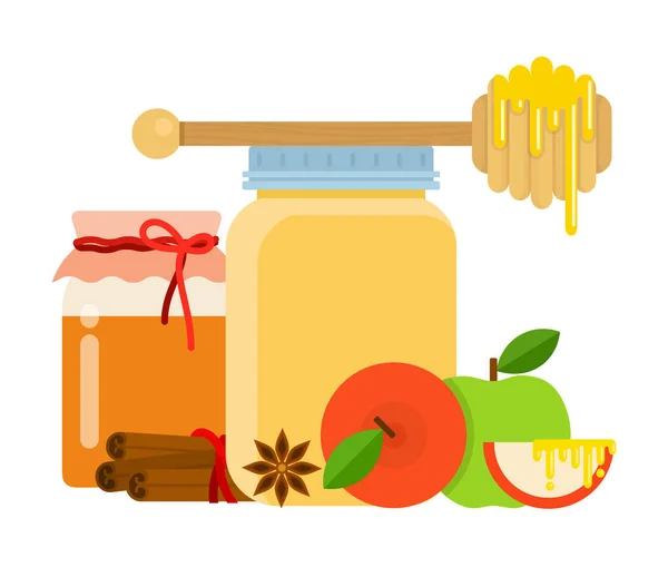 Pots en verre avec miel, cuillère à miel, cannelle, anis et pommes plat isolé — Image vectorielle