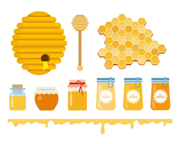 Pots en verre avec du miel, une ruche de miel, une cuillère en bois de miel, un nid d'abeille et une couche de miel avec des stries plat isolé — Image vectorielle