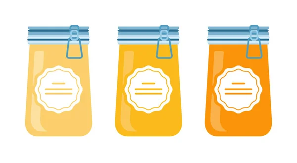 Tres frascos con diferente miel plana aislada — Vector de stock
