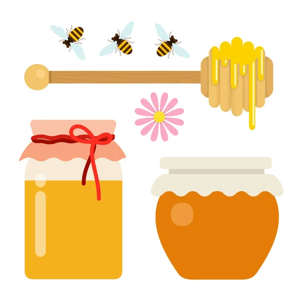 Conjunto de latas de miel, cuchara y abejas vector plano aislado — Vector de stock