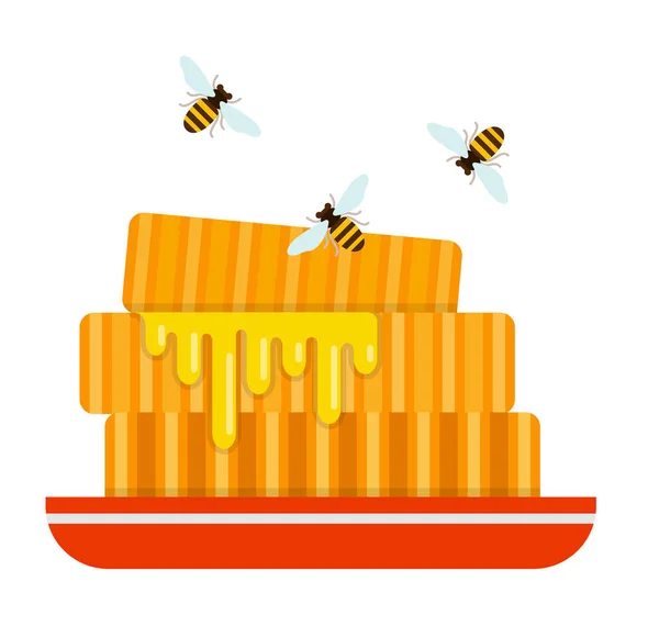 Trozos de panal con abejas voladoras alrededor de planos aislados — Vector de stock