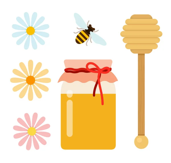 Una lata de miel, flores silvestres, una cuchara para miel y una abeja plana aislada — Vector de stock