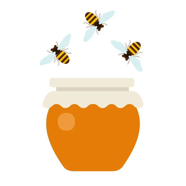 Maceta de miel y abejas voladoras plana aislada — Vector de stock