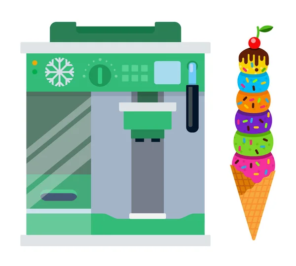Máquina de helados con torre de bolas de helado plana aislada — Vector de stock
