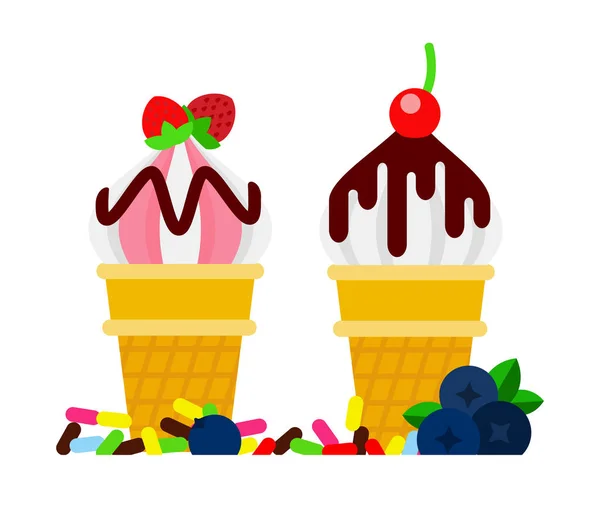 Twee ijsjes in een wafelbeker met aardbeien, kersen en chocoladesaus plat geïsoleerd — Stockvector