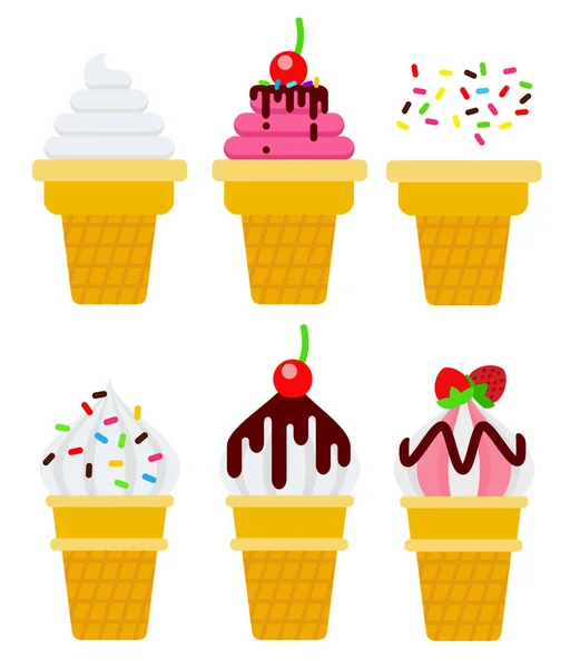 Ice cream set in wafer cups flat isolated — Stock Vector