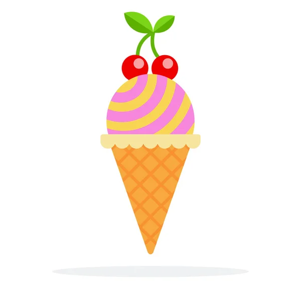 Striped ice cream ball in waffle cone with cherry twig flat isolated — 스톡 벡터