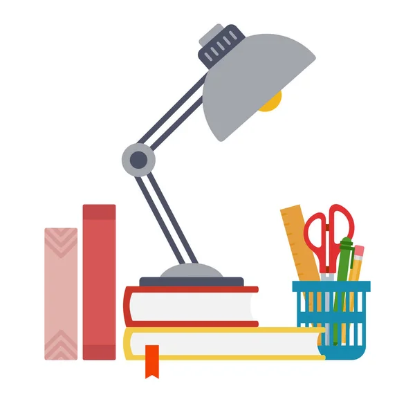 Lampe auf Büchern, Werkzeuge in einer Tasse und Hardcover-Ordner Vektor flach isoliert — Stockvektor