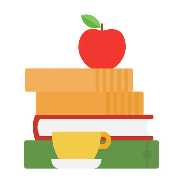 Pomme sur une pile de livres thé tasse vecteur plat isolé — Image vectorielle