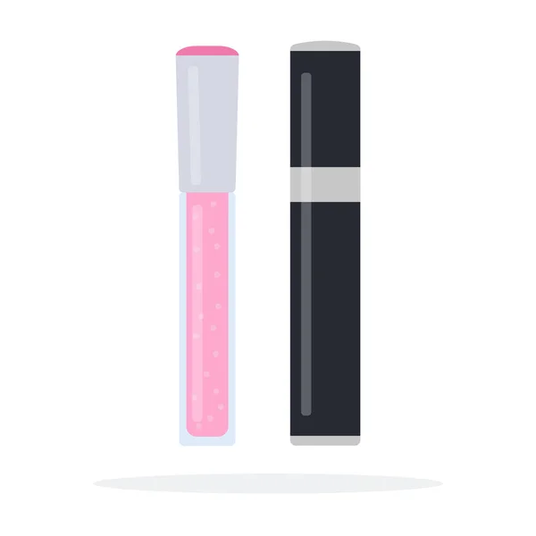 Brillo labial rosa y rímel vector plano aislado — Vector de stock