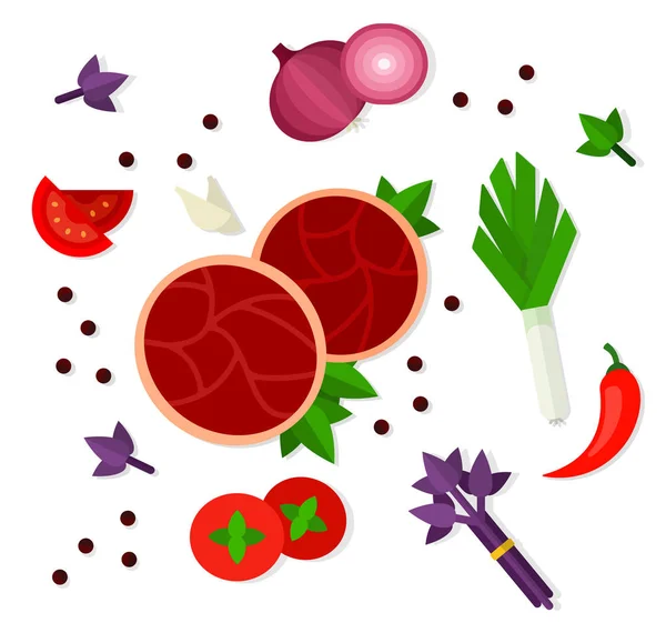 Trozos de carne con hierbas y verduras vector plano aislado — Vector de stock