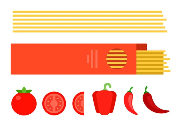 Spaghetti in una scatola con pomodoro e peperoni vettore piatto isolato — Vettoriale Stock