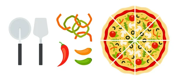 Нарезанная итальянская пицца с инструментами и перцем плоский вектор иконки изолированы — стоковый вектор