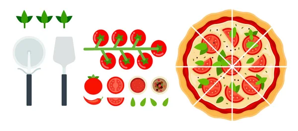 Dilimlenmiş Margarita pizza. Aletler ve domates düz ikon vektörü izole edilmiş. — Stok Vektör