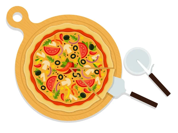 Мексиканская пицца на деревянной доске с посудой плоский вектор иконки изолированы — стоковый вектор
