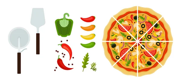 Tranché XoPizza mexicaine avec outils et poivrons plat icône vecteur isolé — Image vectorielle