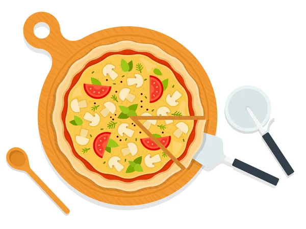 Гриб Пицца на деревянной доске с посудой плоский вектор иконки изолированы — стоковый вектор