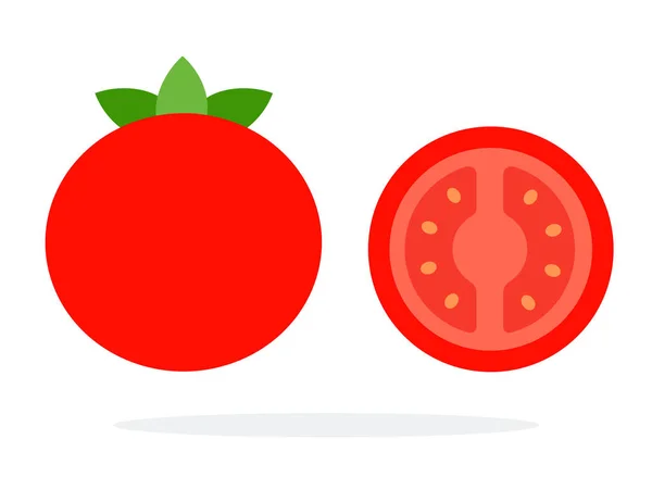 Ολόκληρο φρούτο τομάτας με μίσχο και μισή ντομάτα απομονωμένη — Διανυσματικό Αρχείο