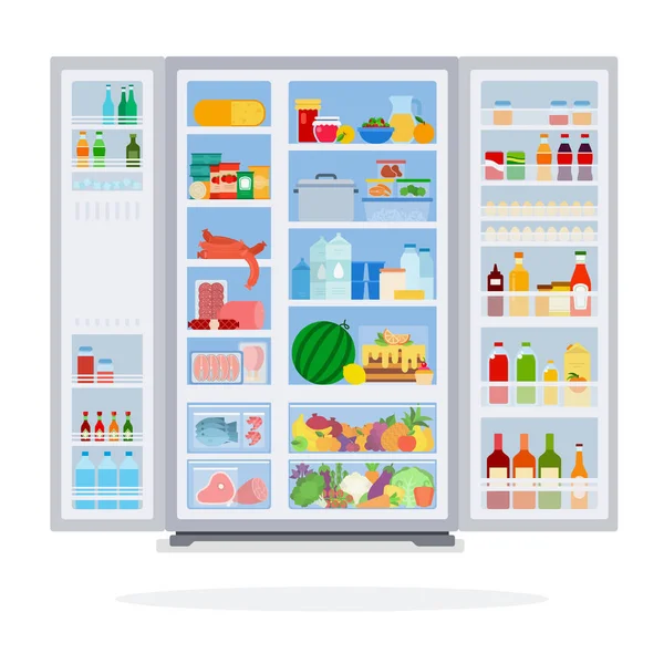 Nyitott hűtő, elszigetelt termékkel töltve — Stock Vector