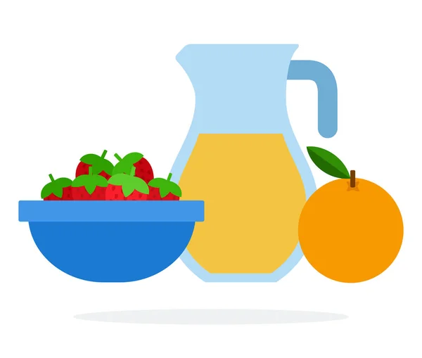 Teller Erdbeeren mit Krug Saft und Orangen flach isoliert — Stockvektor
