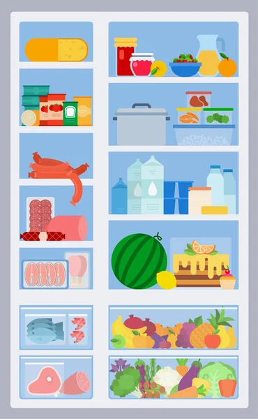 Refrigerador abastecido de productos con puerta transparente plana aislada — Vector de stock