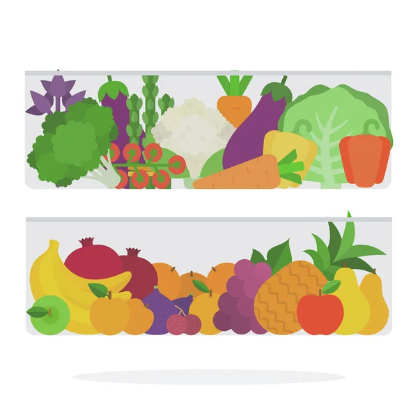 Frutas e legumes na gaveta geladeira plana isolada —  Vetores de Stock