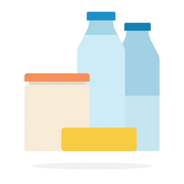 Mjölkflaskor, Bank of gräddfil och smör platt isolerad — Stock vektor