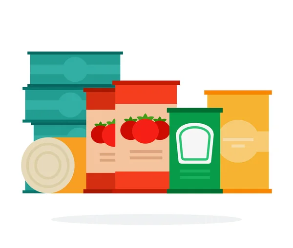 Konzervované rajčata, polévky a konzervované ryby ploché izolované — Stockový vektor