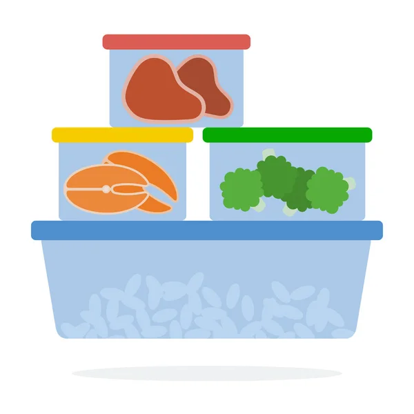 Alimentos em recipientes de plástico para armazenamento refrigerado plano isolado —  Vetores de Stock