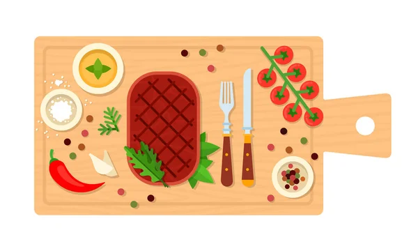 Beefsteak avec couverts sur une planche vecteur plat isolé — Image vectorielle