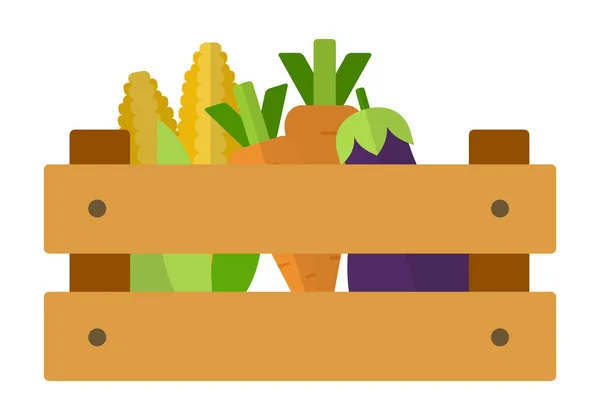 Caja de madera con verduras vector plano aislado — Vector de stock