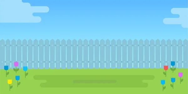 Bakgård med staket och blomma gräsmatta vektor ikon platt isolerad — Stock vektor