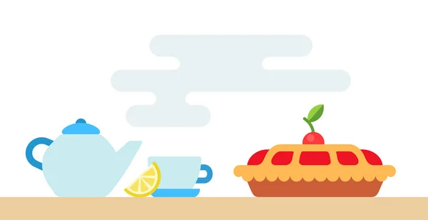Tableware for tea and cherry pie vector icon flat isolated — 스톡 벡터
