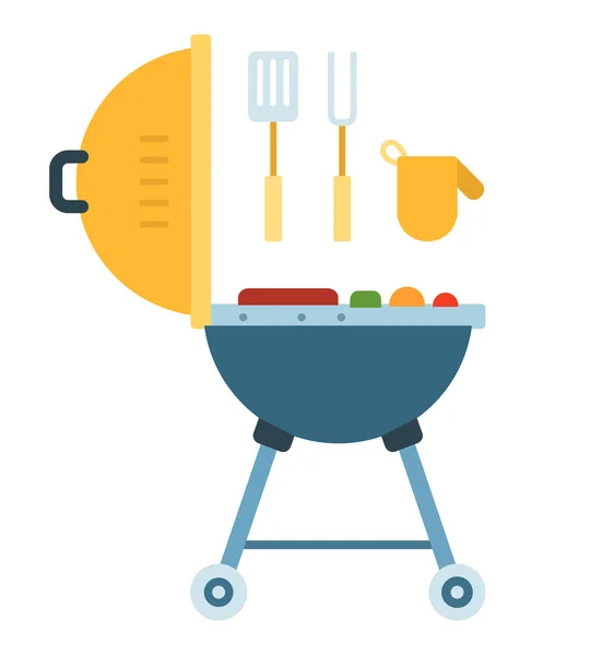 Bbq grill dengan fork, spatula dan mitten vector ikon datar terisolasi - Stok Vektor