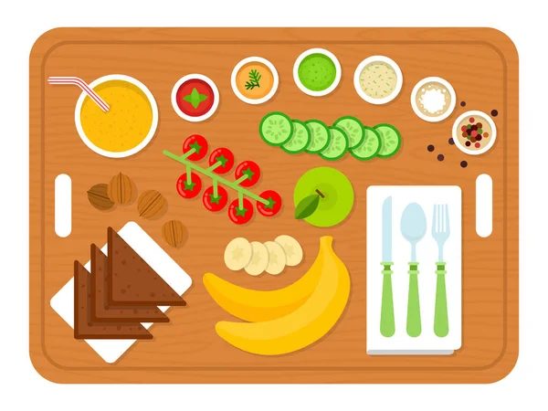 Vegan breakfast on wooden board with appliances vector icon flat isolated — 스톡 벡터