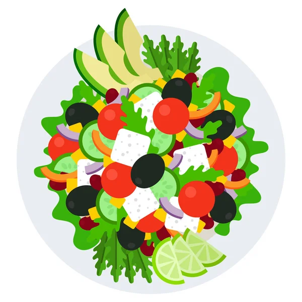 Vegetarian salad in a plate top view vector icon flat isolated — Stock Vector