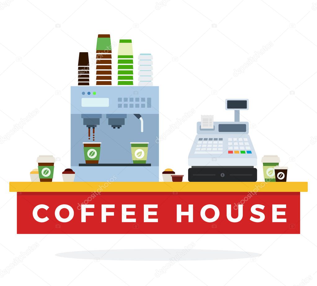 Coffee counter with machine and cups flat vector