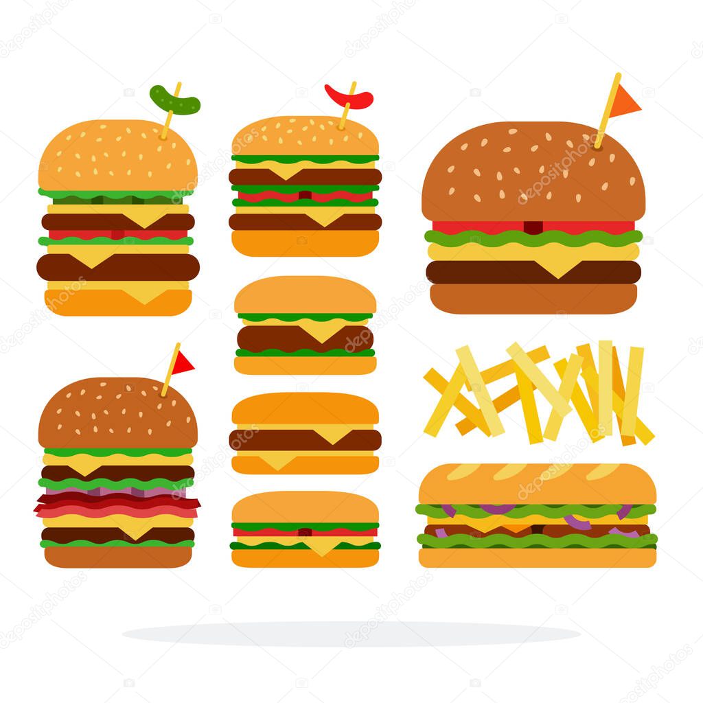 Hamburger, cheeseburger, sandwich, double burger with beef, burger with cheese and bacon, french fries